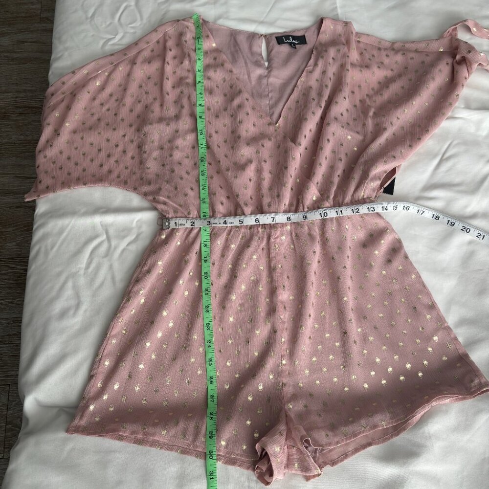 Lulus Womens S Pink Gold Metallic Polka Dot‎ Wrap Romper Kimono Sleeve Tie Waist - Picture 4 of 6